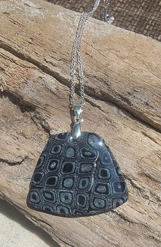 Black and Silver Retro Cane Polymer Clay Pendant Necklace